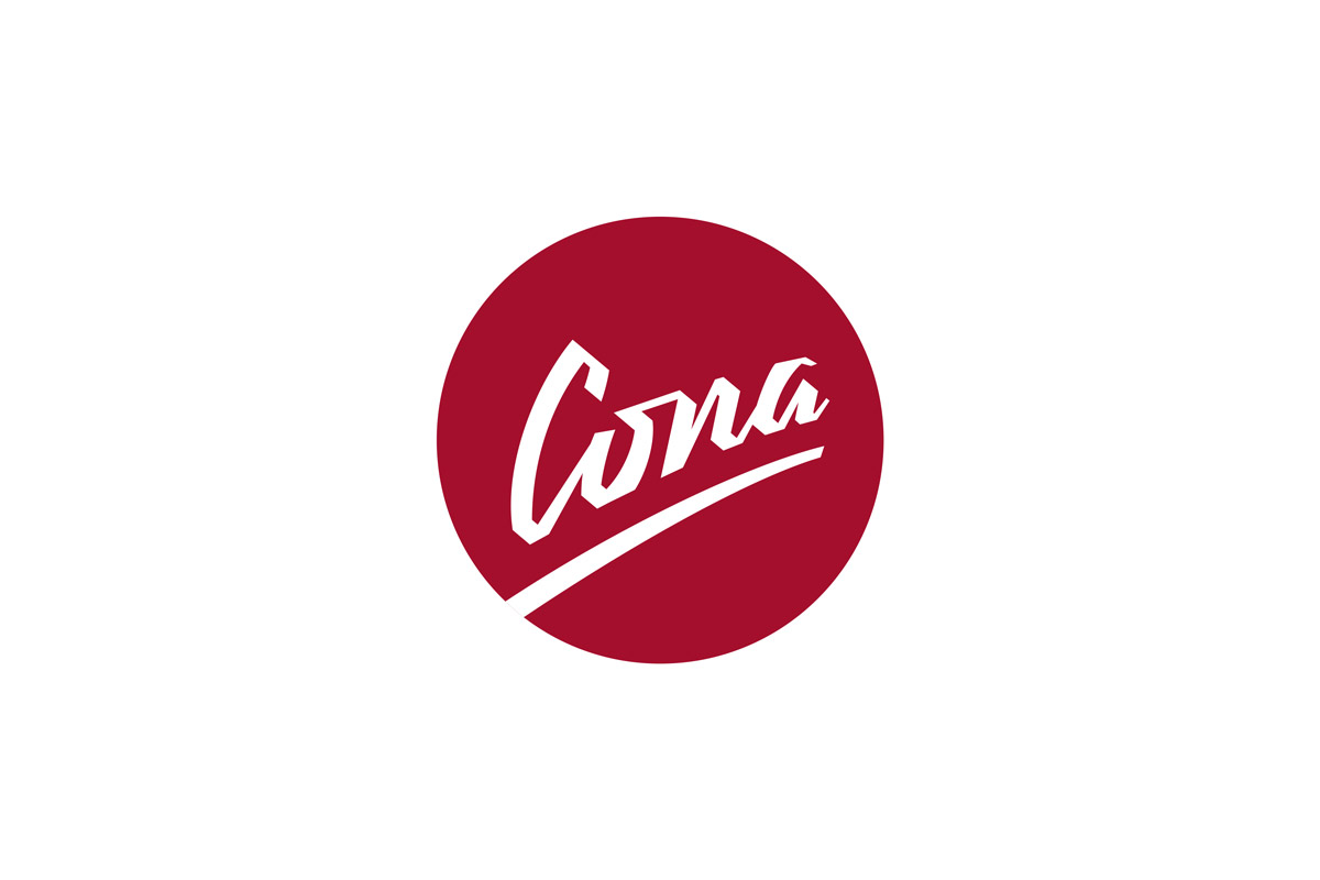 дизайн логотипа компании-завода Cona на заказ от Реконцепт леттеринг на красном круге