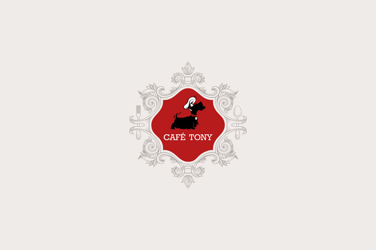 дизайн логотипа кафе Tony на заказ от Реконцепт с собакой терьером на красном фоне с вензелями