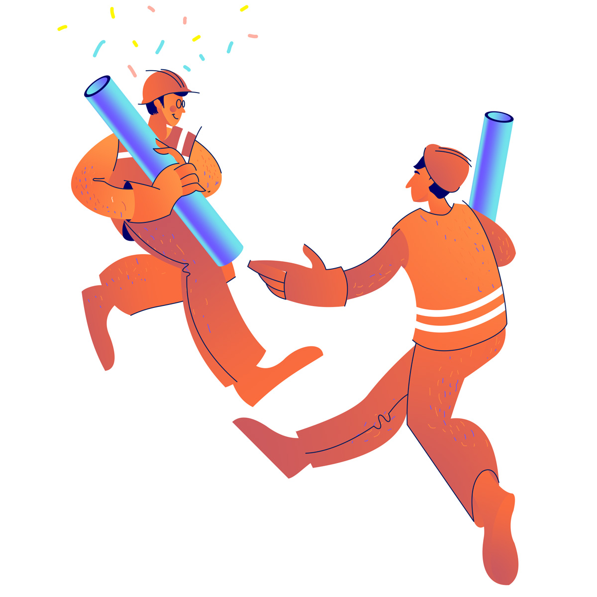 Reconcept иллюстрация на заказ двое рабочих в оранжевой форме сантехники дорожники