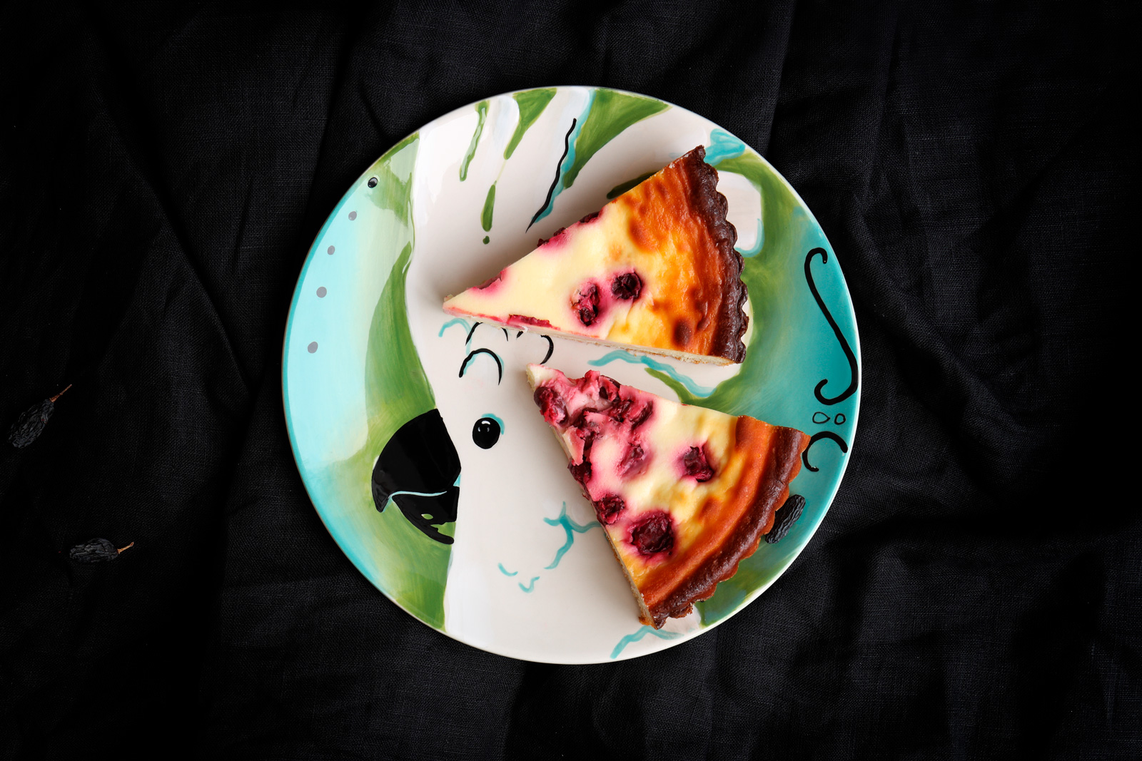 фотоссесия пирог с вишней на тарелке с попугаем