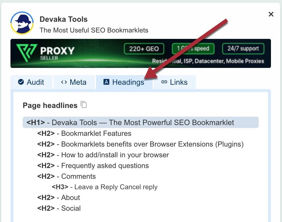 Скриншот букмарклета Devaka Tools SEO.